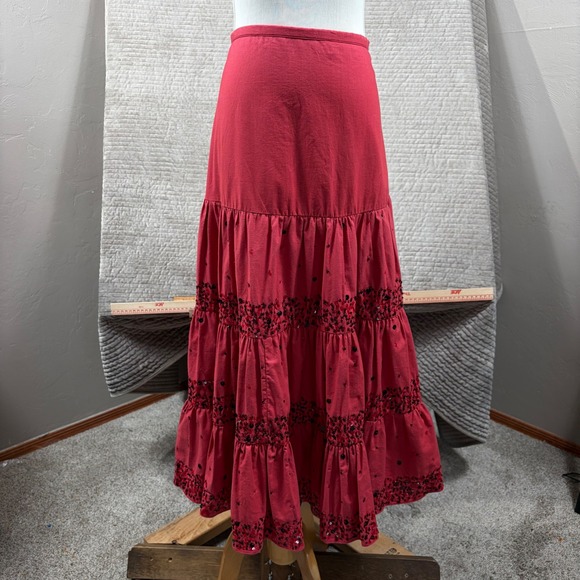 Anage Dresses & Skirts - Anage Red Sequin Tiered Maxi Skirt Boho Cotton Ruffle Lined Size 10
